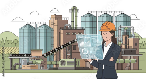 Female engineer overseeing industrial plant operations through advanced technology interface