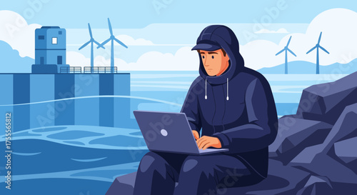 Modern nomad working remotely by the sea utilizing sustainable energy sources