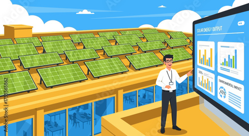 Sustainable energy presentation showcasing solar panel installation and data analysis
