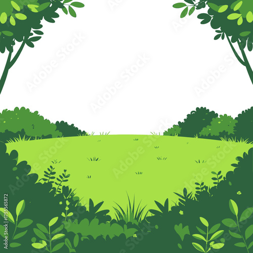 Lush Green Meadow Framed by Dense Foliage Under Bright Daylight Pixel Art Style Illustration with Bushy Trees and Plants in Various Green Tones Tranquil Scenery