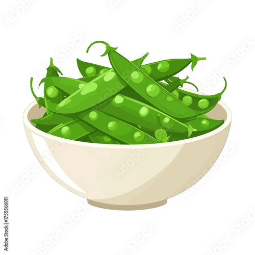 Pile of Green Peas in White Bowl Graphic Style Illustration Isolated on White Background Food Still Life Composition Close Up Vegetable