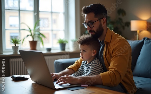 Father multitasking by babysitting and working on computer. dad and son in living room. lifestyle of modern businessman freelancer. High quality