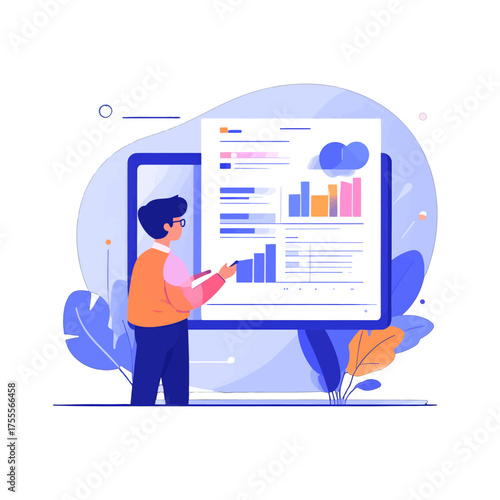 Man Presenting Bar Chart on Screen with Blue and Orange Accents Illustration for Business Presentation and Growth Analytics Isolated on White Background
