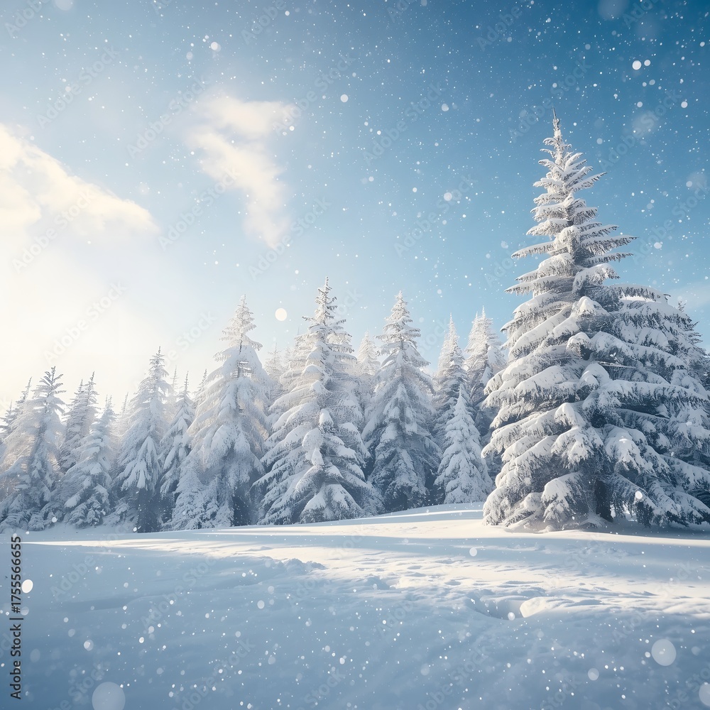Naklejka premium Beautiful winter landscape with snow-covered pine trees, gentle snowfall, bright blue sky, soft lighting, shining snow texture, peaceful and serene atmosphere, realistic nature photography, frosty for