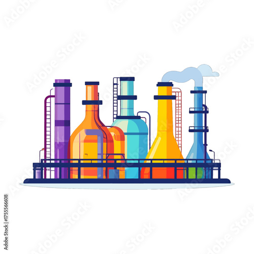 Stylized Colorful Industrial Plant Illustration with Towers and Pipes in a White Background Flat Design
