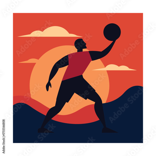 Silhouette of a man with a ball against a sunset sky and clouds