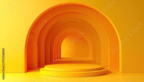 Fototapeta Naklejka Na Ścianę i Meble -  Sunny, layered arched tunnel leads to a round, tiered stage