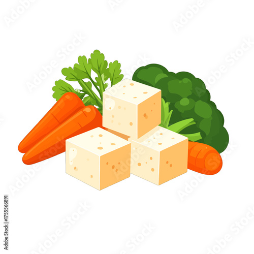 Isolated Pixel Art Still Life with Tofu Cubes Carrots and Broccoli on a White Background