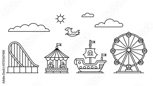 Whimsical line art icons of amusement park rides and attractions on a white background.