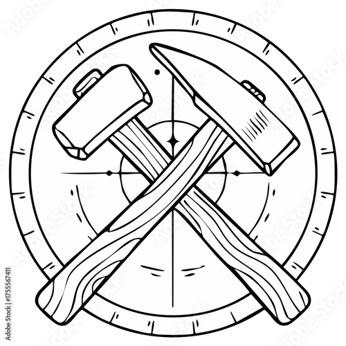 Mining tools symbol with crossed hammer and pickaxe on a shield black and white drawing