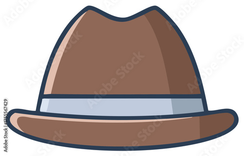 A Cartoon Style Brown Fedora Hat with a Light Blue Ribbon Icon Graphic Image