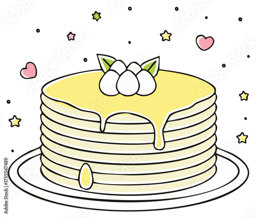 Cute doodle illustration of a stack of pancakes with yellow syrup and cream