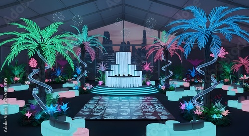Futuristic Neon Tropical Party Installation - 3D Event Decor