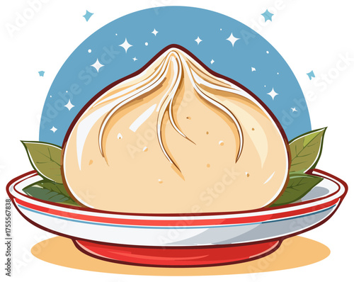 Vector illustration of a delicious Asian steamed dumpling or baozi on a plate