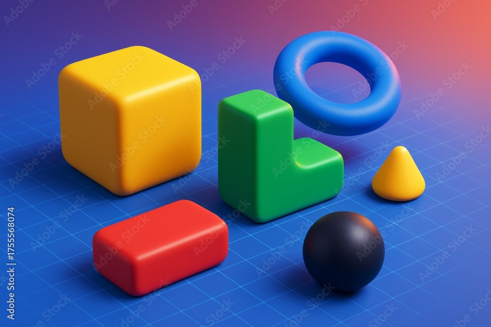 Obraz premium Colorful abstract geometric shapes with smooth textures and soft light on blue grid background with gradient lighting in modern digital style. Ai generative