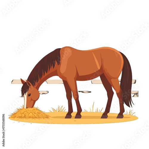 Pixelated Brown Horse Eating Hay Near Fence in Isolated White Background