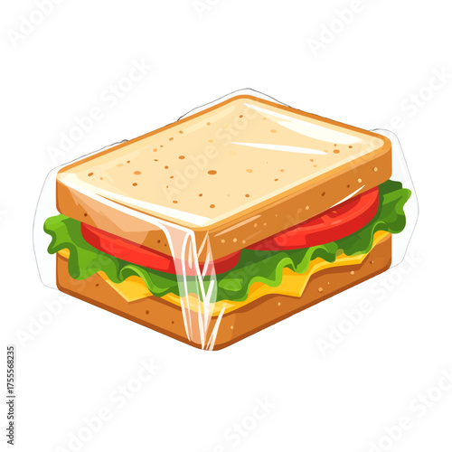 Isometric Sandwich with Cheese Lettuce Tomato and Bread in Clear Plastic Wrap on a White Background