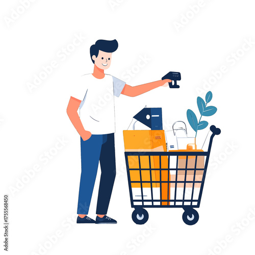 Cartoon Man Scanning Products in Shopping Cart with White Background