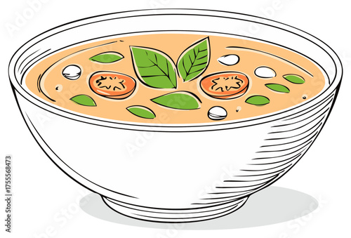Bowl of soup garnished with leaves and tomatoes drawing, food illustration