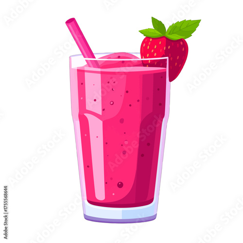 Vibrant Pink Strawberry Smoothie in Clear Glass with Green Leaf and Straw on Clean White Background