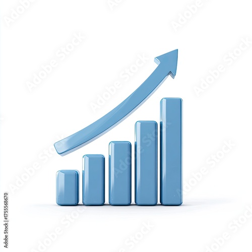 Free Download A 3D rendered light-blue bar graph ascends sharply, showcasing growth and positive progress with a curved arrow pointing upwards against a stark white background - GFXLoad