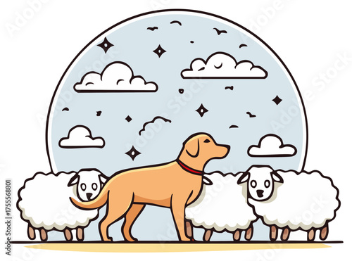 Dog with sheep illustration, herding dog guarding sheep under a night sky with clouds