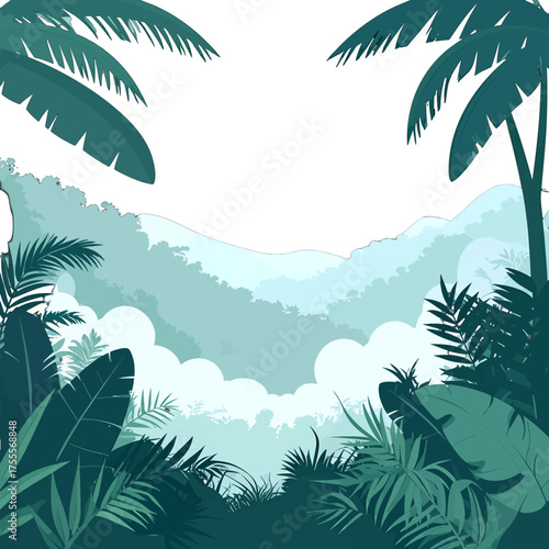 Detailed Forest Canopy Vector Illustration With Palm Tree Silhouettes And Foliage In Teal And Green Hues Against Mountainscape Background Vector Illustration