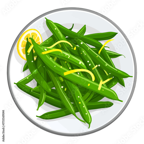 Green Beans on White Plate with Lemon and Yellow Zest Pixel Art Overhead Shot Food Presentation Healthy Dish Flat Lay