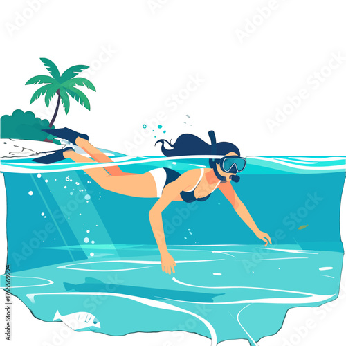 Woman Snorkeling in Turquoise Sea near Tropical Island with Palm Tree Pixel Art Style Illustration for Underwater Adventure and Summer Vacation