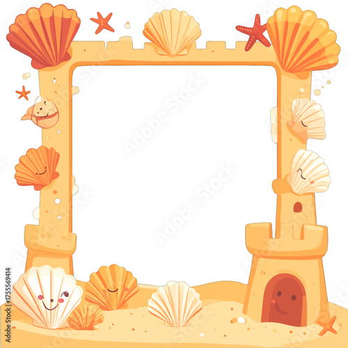 Whimsical Sandcastle Frame with Seashells and Smiling Seashell Character On Sand In Warm Tones Summer Vibes And Playful Illustration