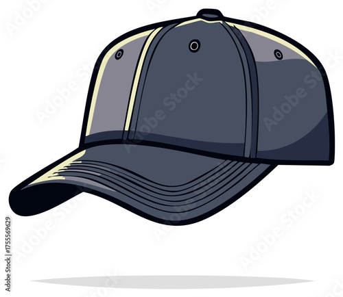 Illustrated grey baseball cap with visor and eyelets, casual headwear for sports or everyday use
