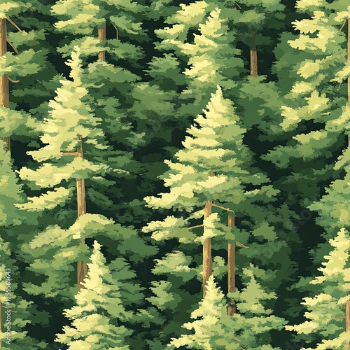 Seamless pine forest pattern with dense green trees, ideal for outdoor or nature-themed designs.