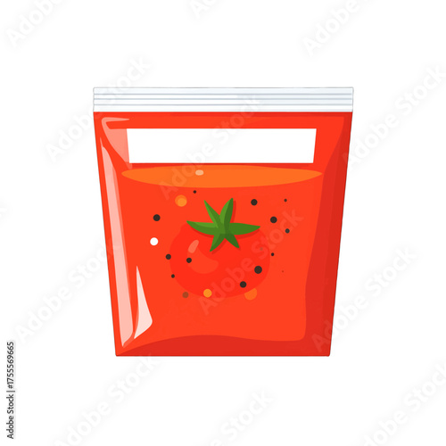 Pixelated Red Tomato Soup in Transparent Plastic Bag with White Zip Lock on White Background