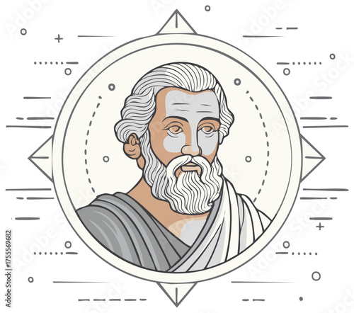 Ancient Greek philosopher with beard and toga depicted in stylized circle with compass motif