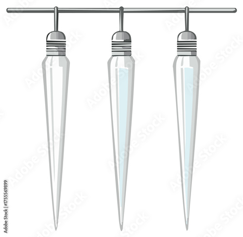 Vector illustration of three clear hanging pointed glass shaped decorative elements