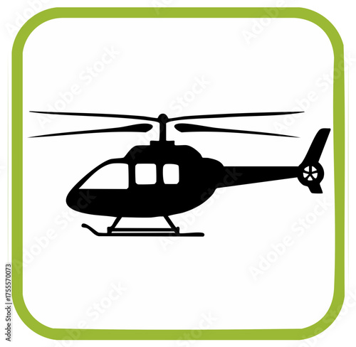 Black silhouette of a helicopter with rotors and landing gear inside a rounded square frame