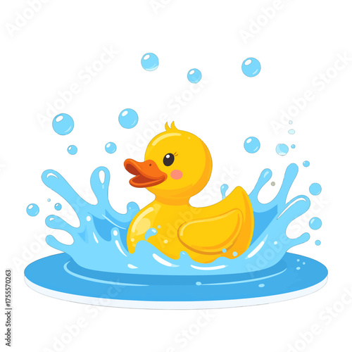 Yellow Rubber Duck Splashing in Blue Water with Bubbles on White Background