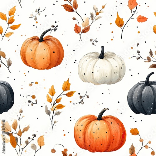 Cute pumpkin seamless pattern featuring white and orange pumpkins with fall leaves, ideal for Halloween and autumn design themes.