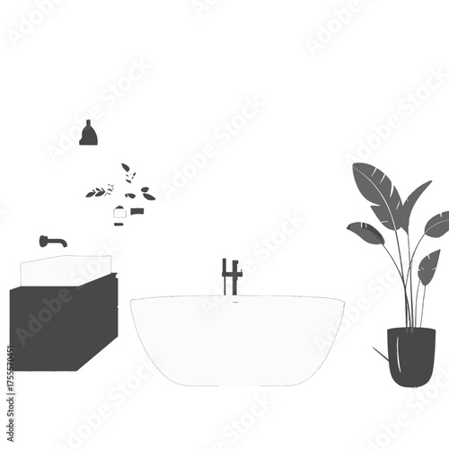 Minimalist White Bathroom Interior with Dark Accents Tub Sink and Potted Plant with Modern Design Elements for Clean Elegant Ambiance