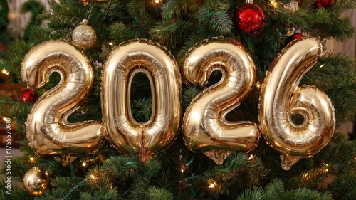 Golden 2026 balloons hanging in front of a festive christmas tree with holiday decorations and sparkling lights