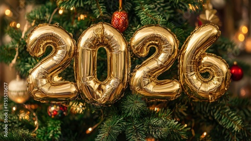 Golden 2026 balloons hanging in front of a festive christmas tree with holiday decorations and sparkling lights