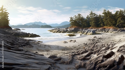 Serene coastal scenery, sand, rock formations and coniferous forests meeting sea