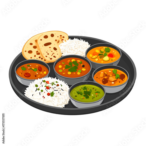 Pixel Art Illustration of Assorted Curries with Rice and Naan Bread on Black Plate
