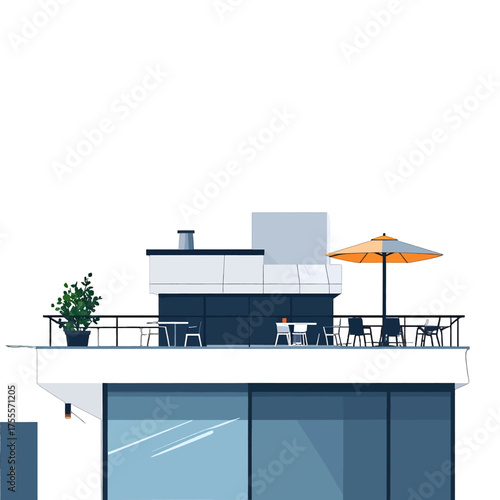 Minimalist Building Terrace Scene with Blue Glass Facade Sunny Umbrella and Black Railing in Pixel Art Style Urban Environment View and Clear Sky