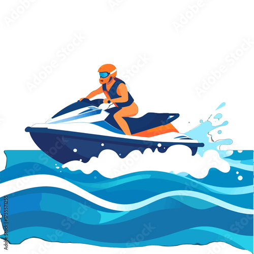 Energetic Water Sport Illustration of Person Riding Jet Ski Over Blue Water Waves with Orange Helmet and Dark Vest