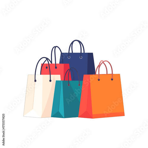 Assorted Shopping Bags Grouped Together in Illustration Style Against White Background Depicting Retail Purchases and Consumerism Concept