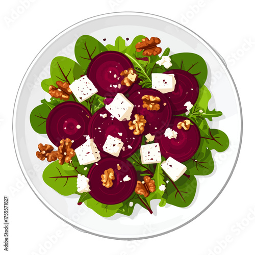Healthy Beet Salad on White Plate with Feta Cheese and Walnuts
