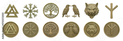 Viking sacred symbols collection, separated and engraved on a coin, isolated on transparent background	