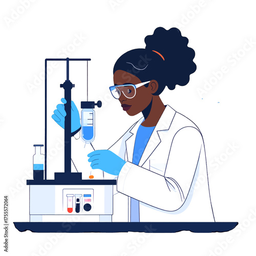 Illustration of African American Female Scientist in Lab Coat Conducting Experiment with Blue Liquid and Scientific Equipment Against White Background