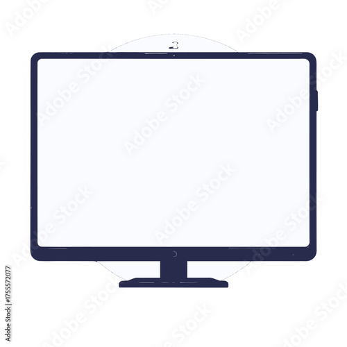 Isolated Dark Blue Computer Monitor on White Background with Round Subtle Gray Light Circle behind Top Display for Mockup and Display Applications